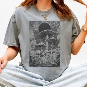 Mystical Mushroom Moon Graphic Tee Black and White Engraving Style